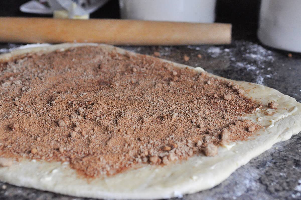 covering cinnamon roll dough with cinnamon sugar