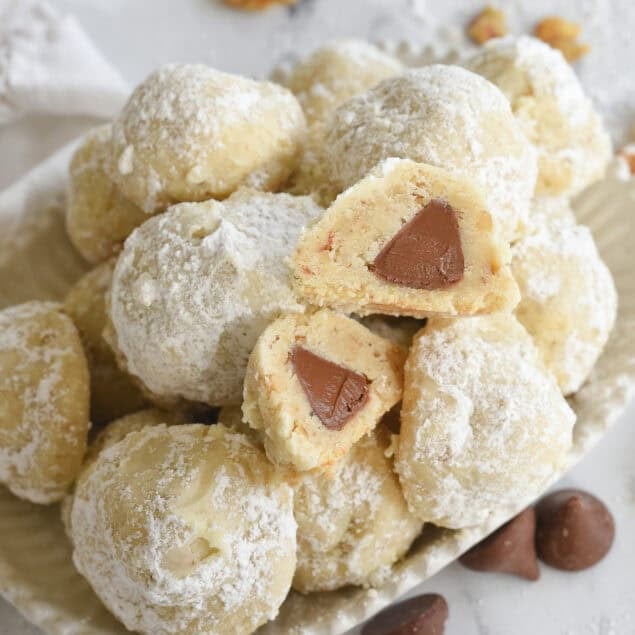 pverjead shot of snowball cookies