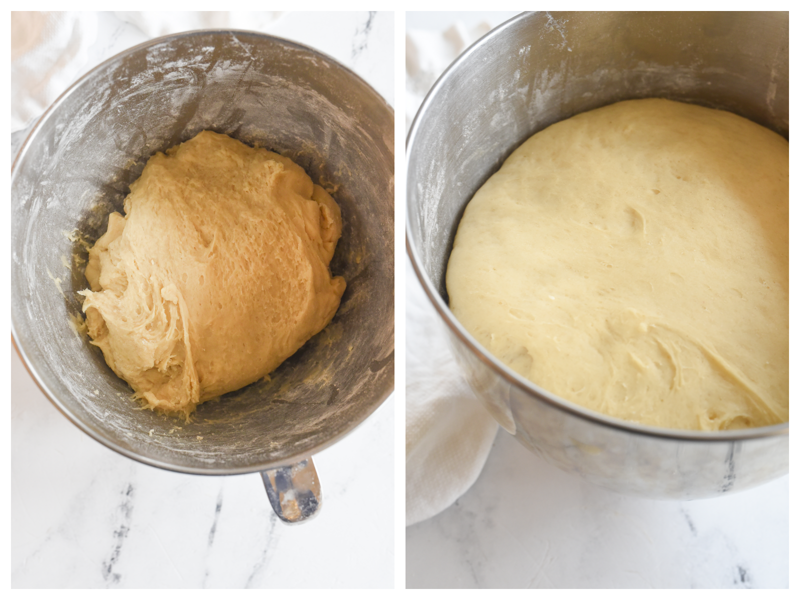 dough before and after rising for parker house rolls
