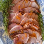 overhead shot of grilled ham with citgrus glaze on it