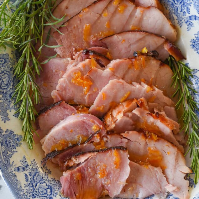 overhead shot of grilled ham with citgrus glaze on it