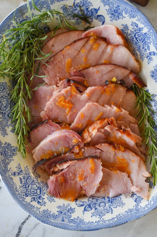 overhead shot of grilled ham with citgrus glaze on it