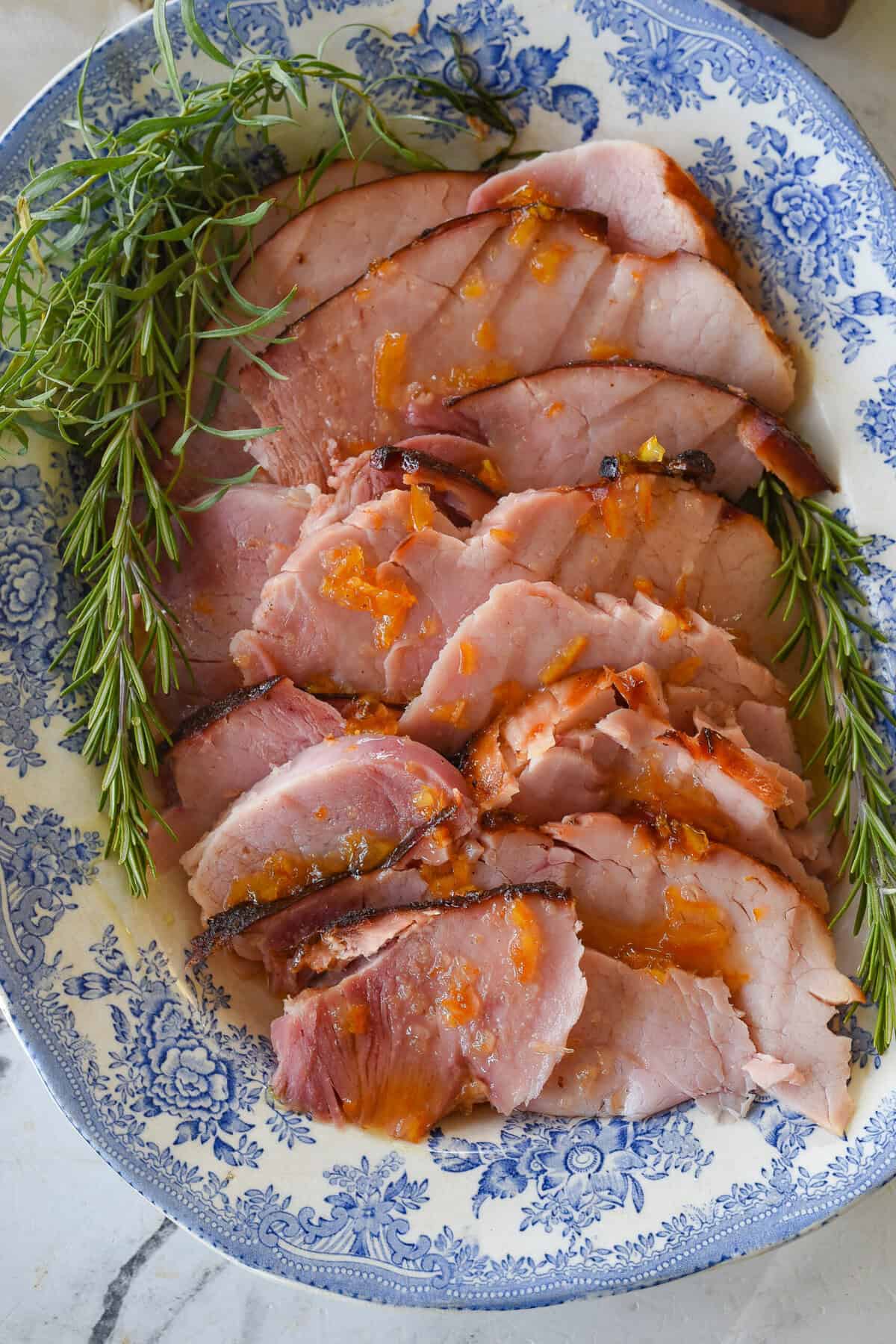 spiced ham overhead shot of grilled ham with citgrus glaze on it