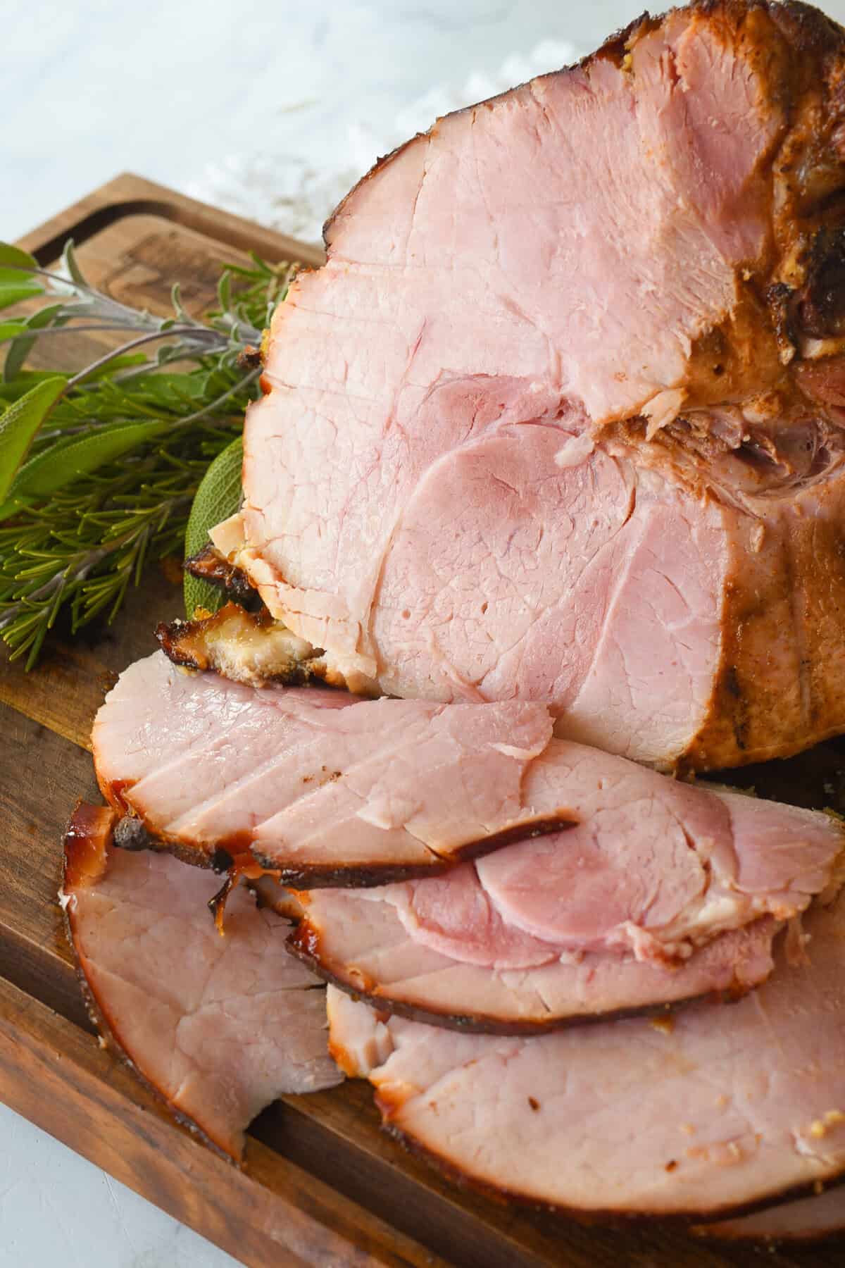 spiced ham sliced ham on cutting board