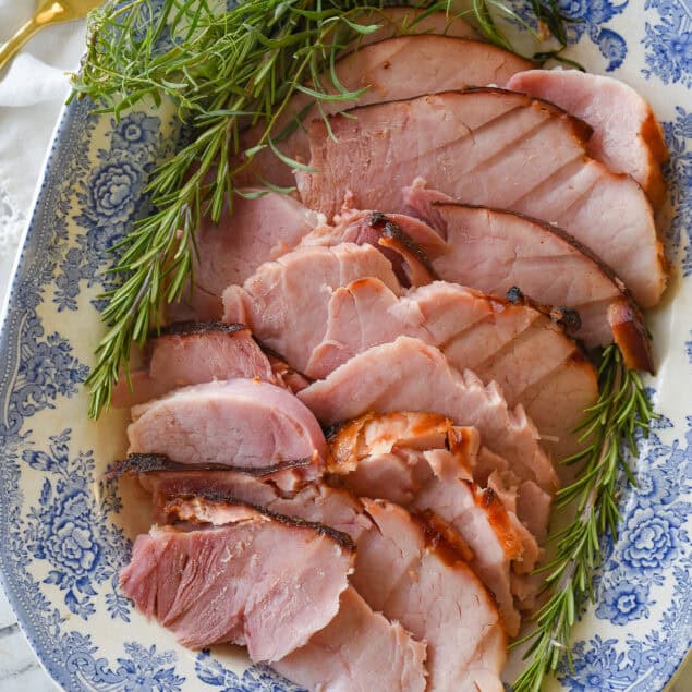 overhead shot of grilled ham with citrus glaze