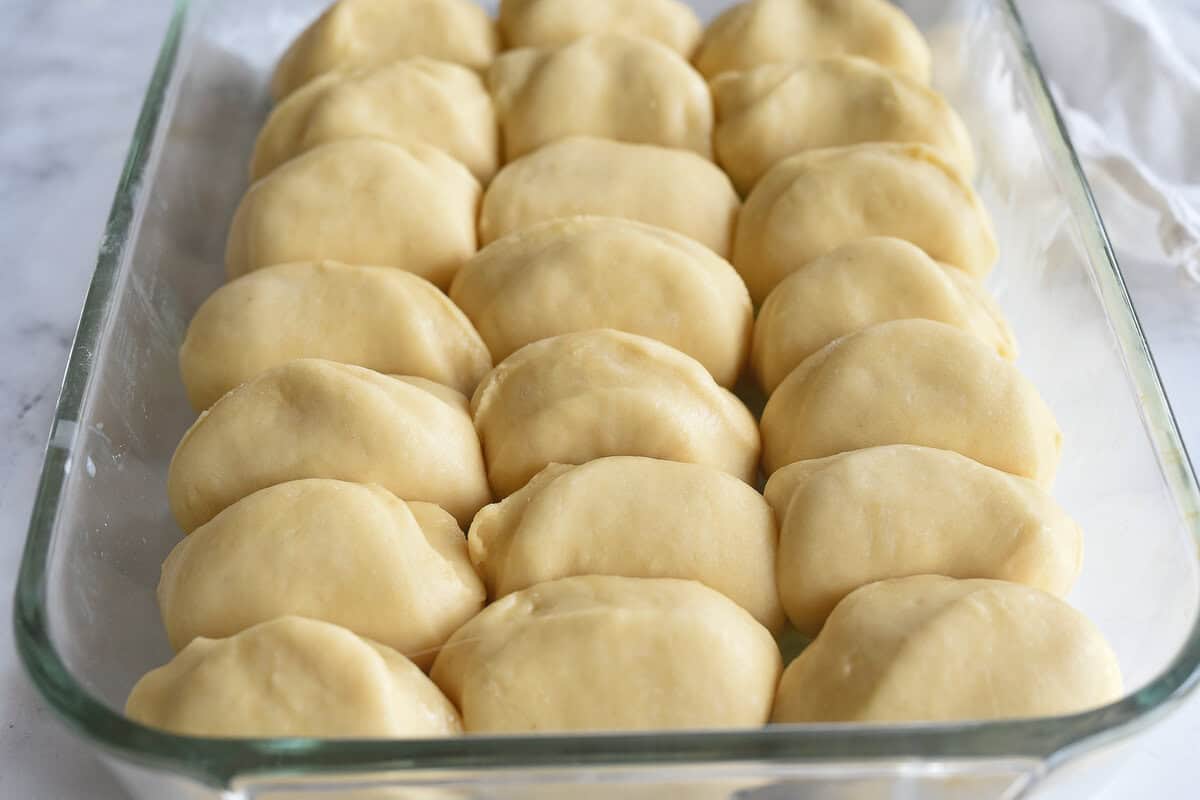 risen parker house rolls in pan