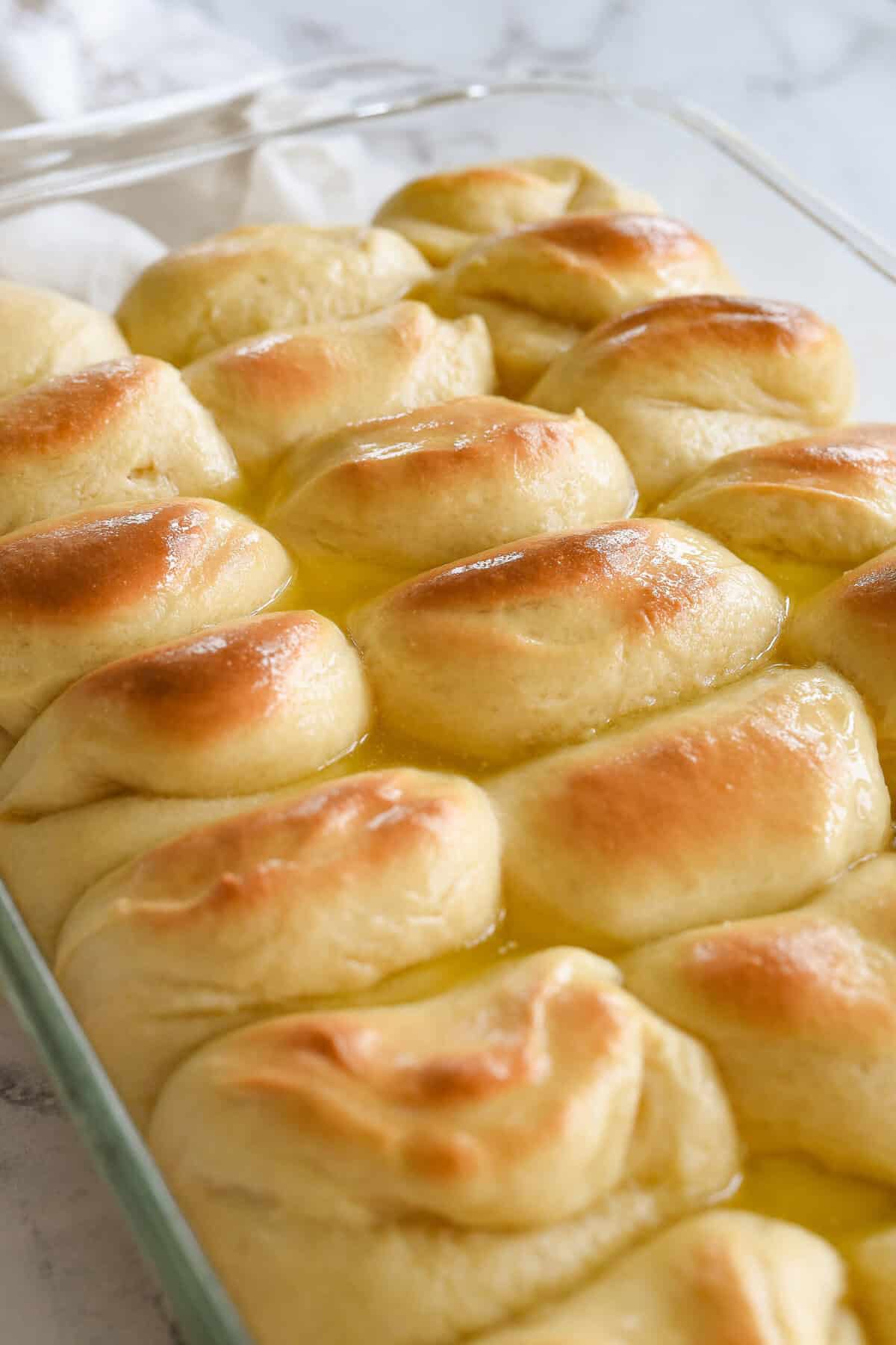 pan of baked parker house rolls