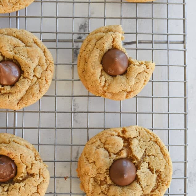 overhead shot of peanut butter blossom cookies
