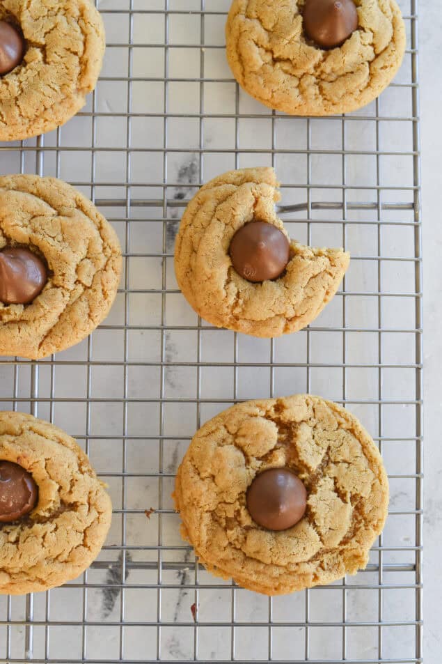 overhead shot of peanut butter blossom cookies