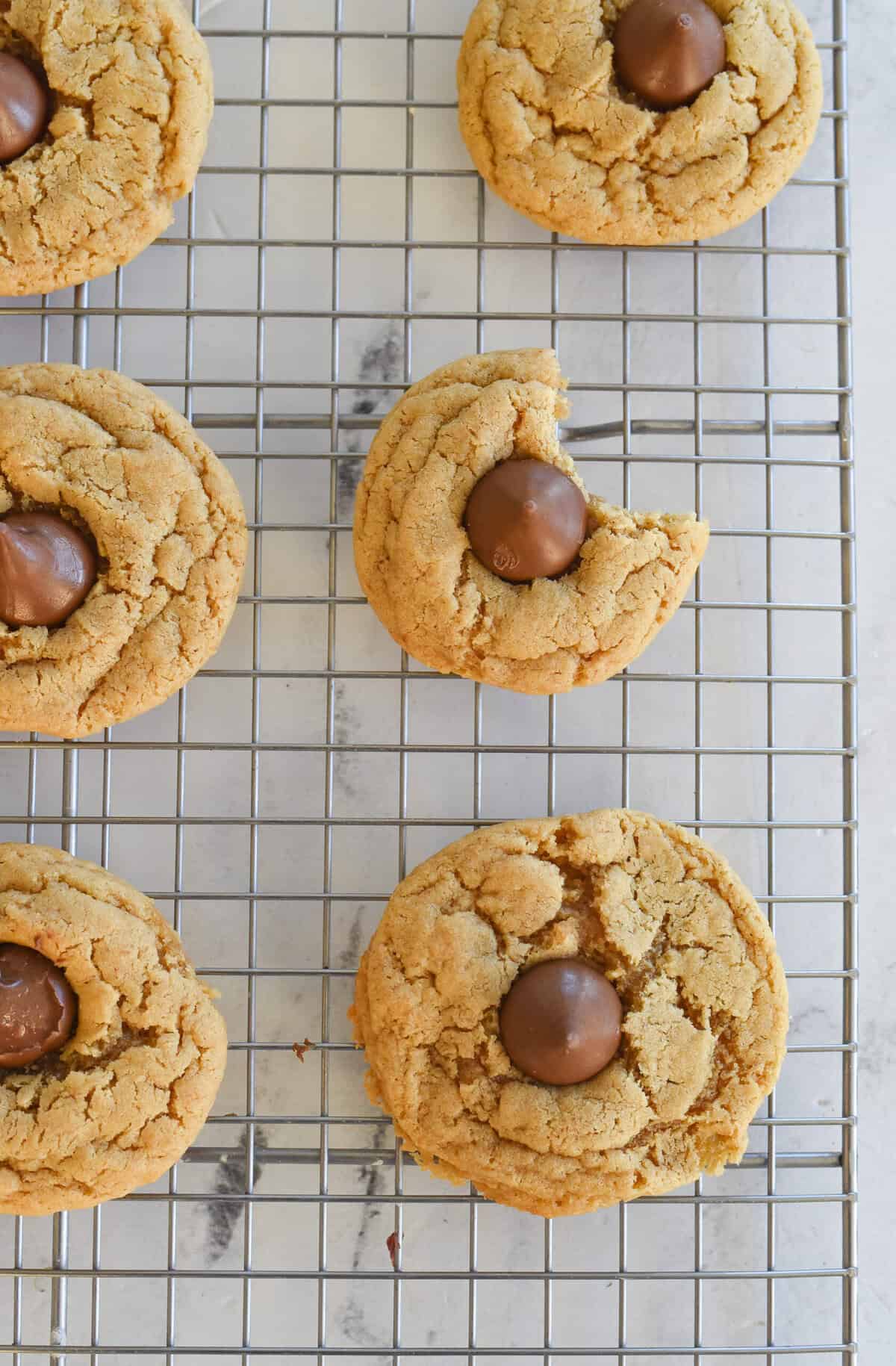 overhead shot of peanut butter blossom cookies