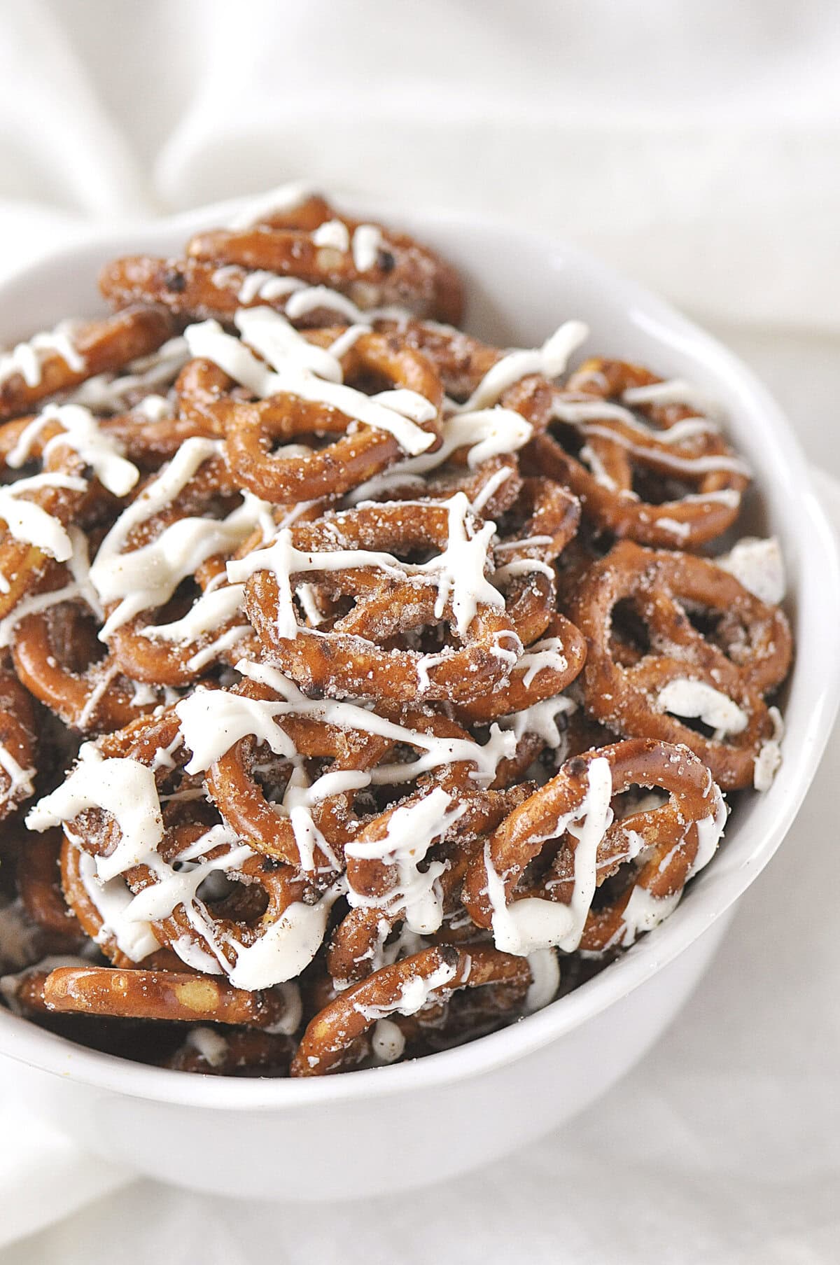 Cinnamon Sugar Pretzels in a white bowl