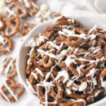 overhead shot of white bowl full of cinnamon sugar pretzels