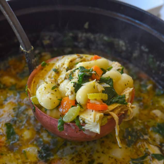 ladel full of chicken gnocchi soup