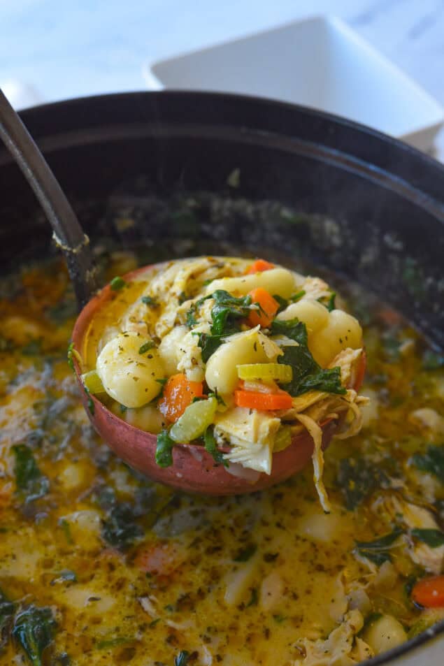 ladel full of chicken gnocchi soup