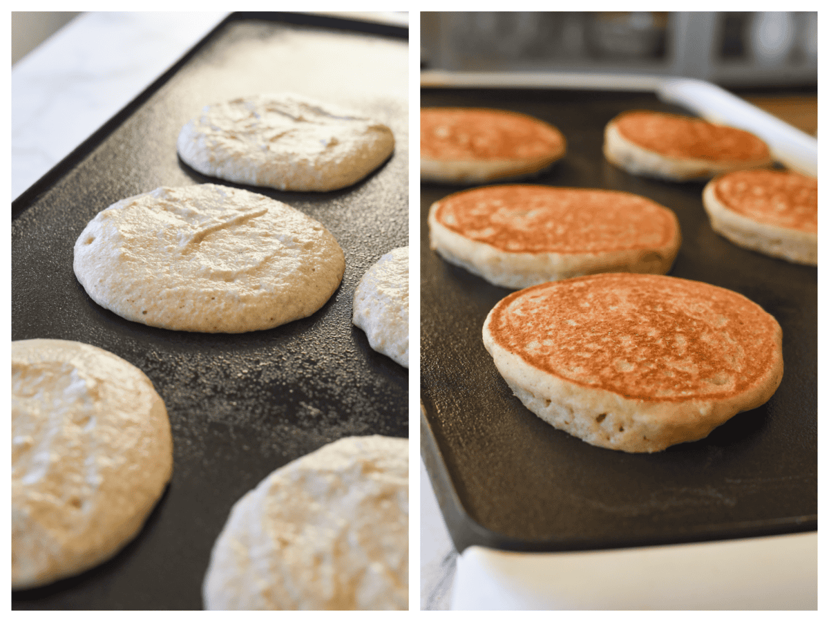 whole wheat pancakes on the griddle