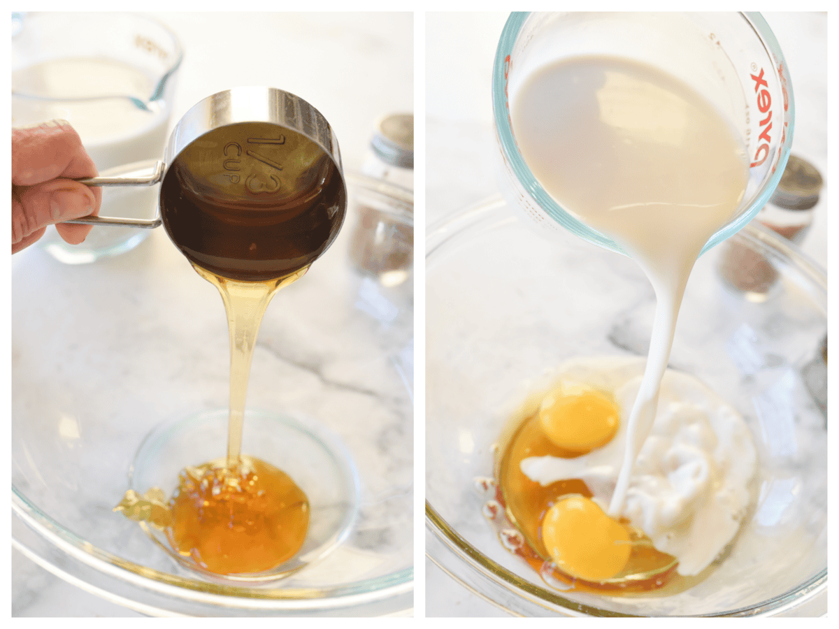 adding honey and eggs to whole wheat pancakes