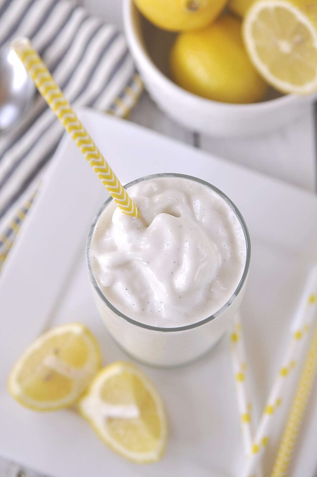 overhead shot of glass of frosted lemonade