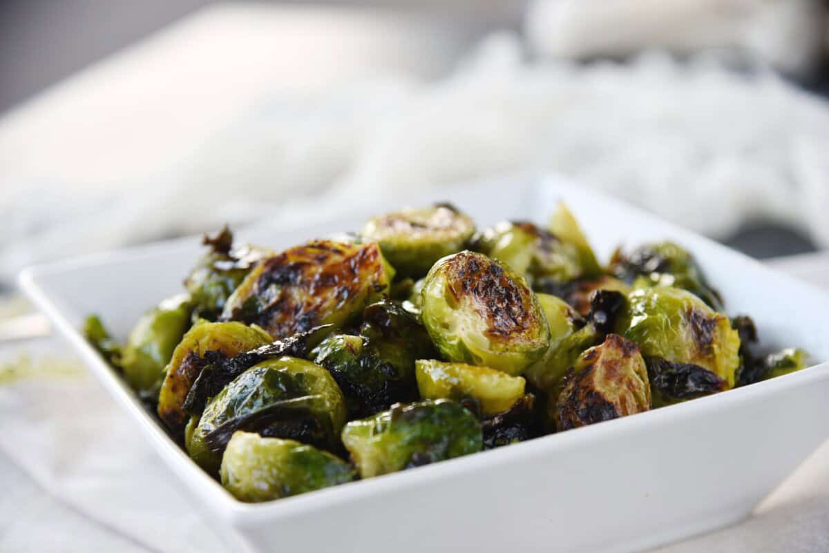 close up of roasted maple brussels sprouts