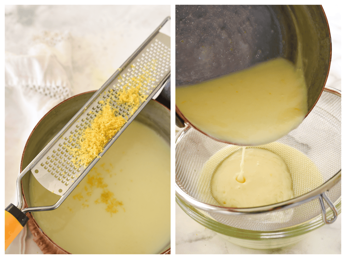 adding lemon zest and straining lemon posset