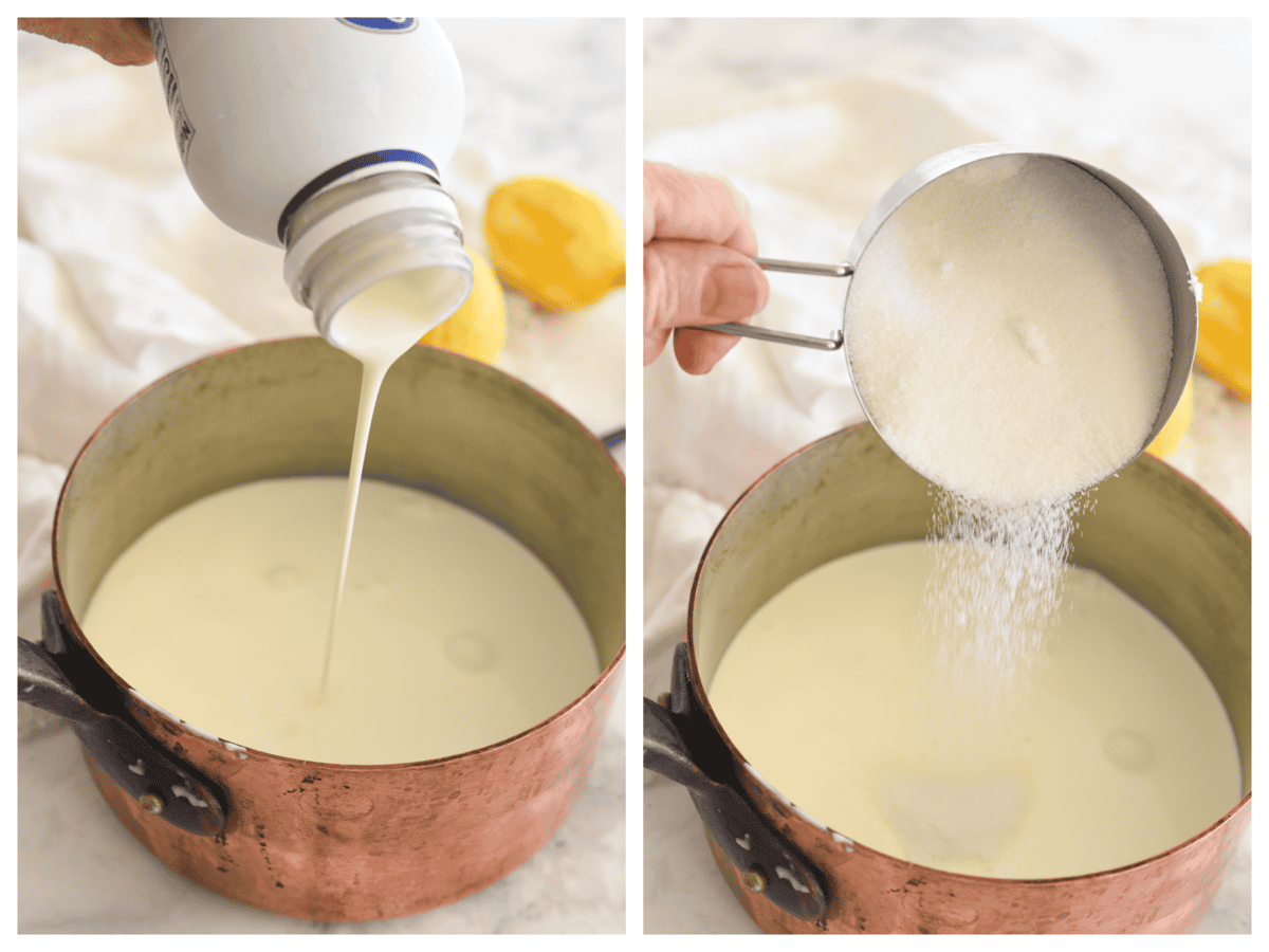 adding cream and sugar to pan