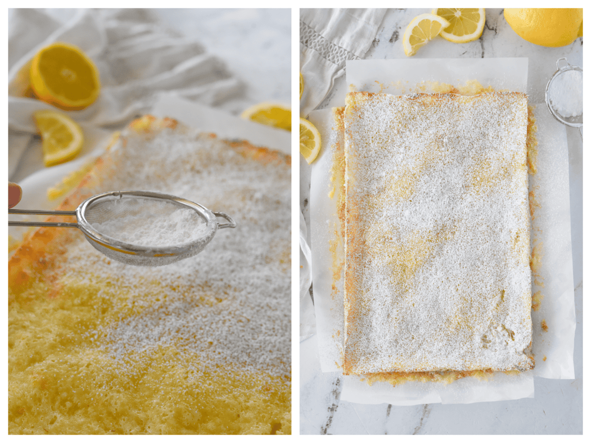 putting powdered sugar on ooey gooey cake