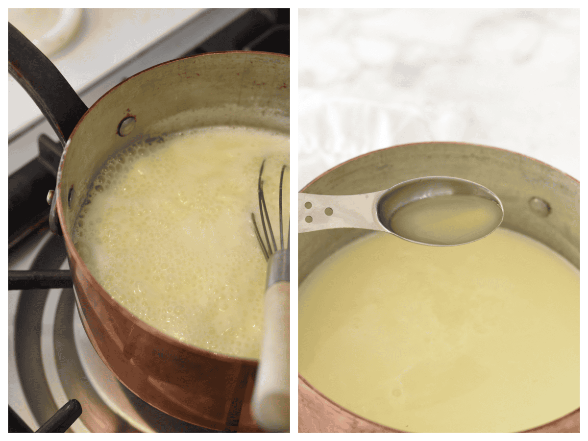 bringing lemon posset to a boil and adding lemon juice