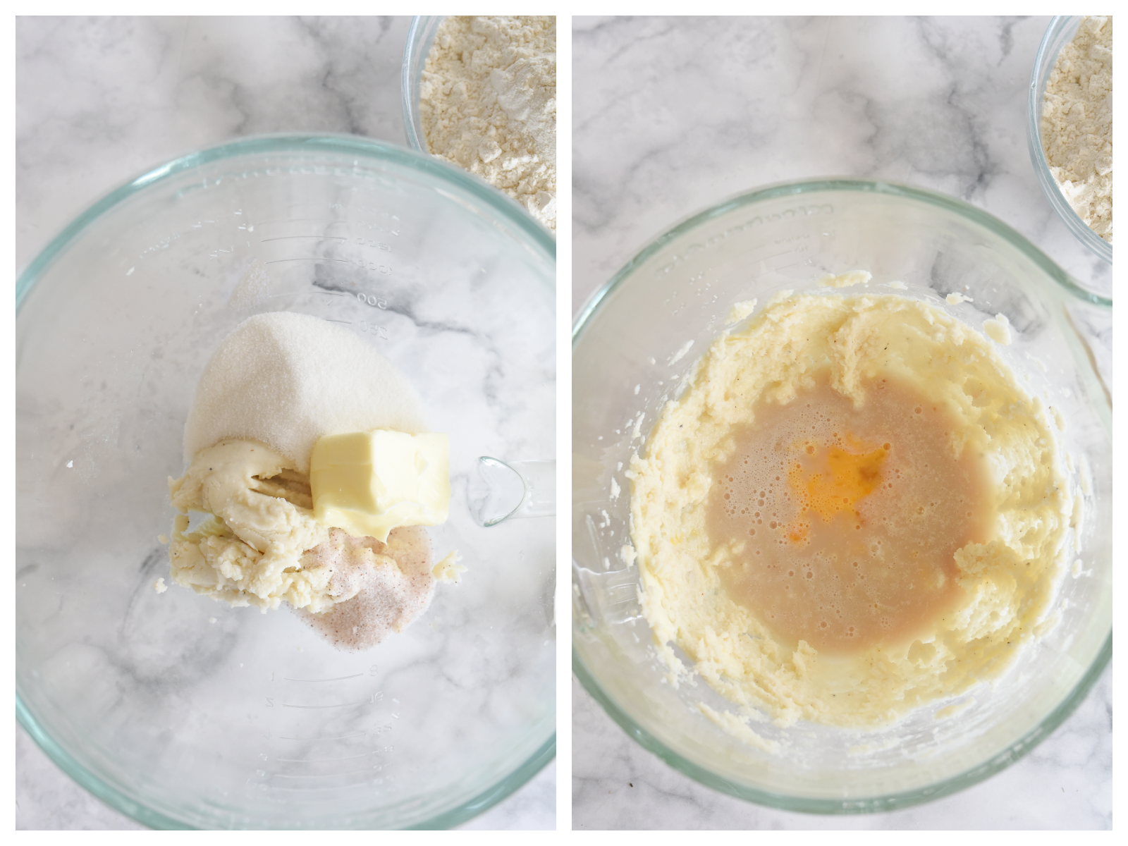 adding dry ingredients and wet ingredients into a bowl for potato rolls