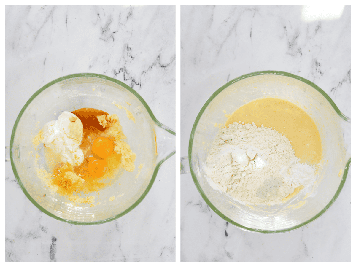 adding wet and dry ingredients into a bowl
