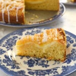 slice of lemon cream cheese coffee cake on a blue and white plate
