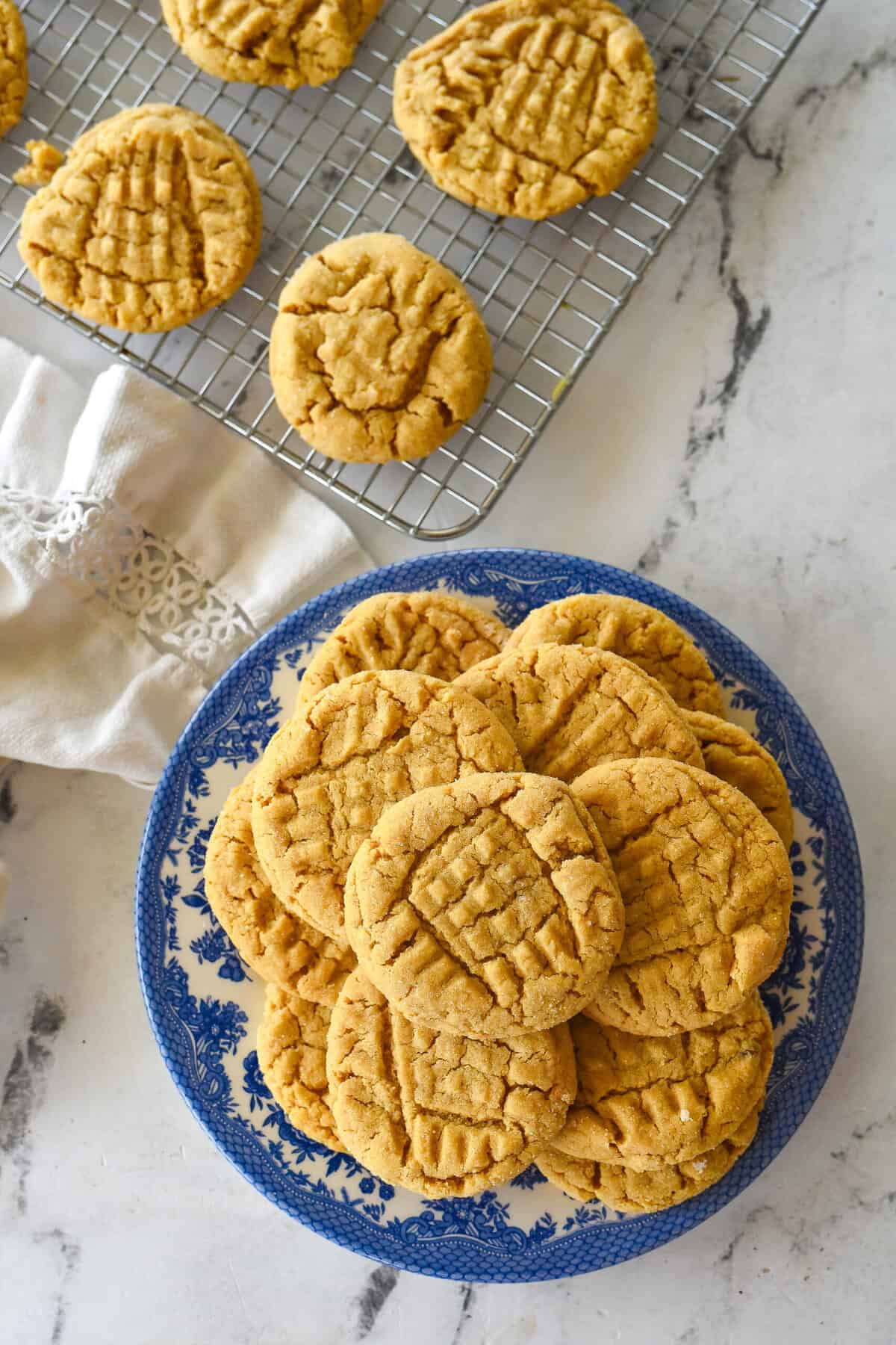 overhead shot of plate of peanut butter cookies