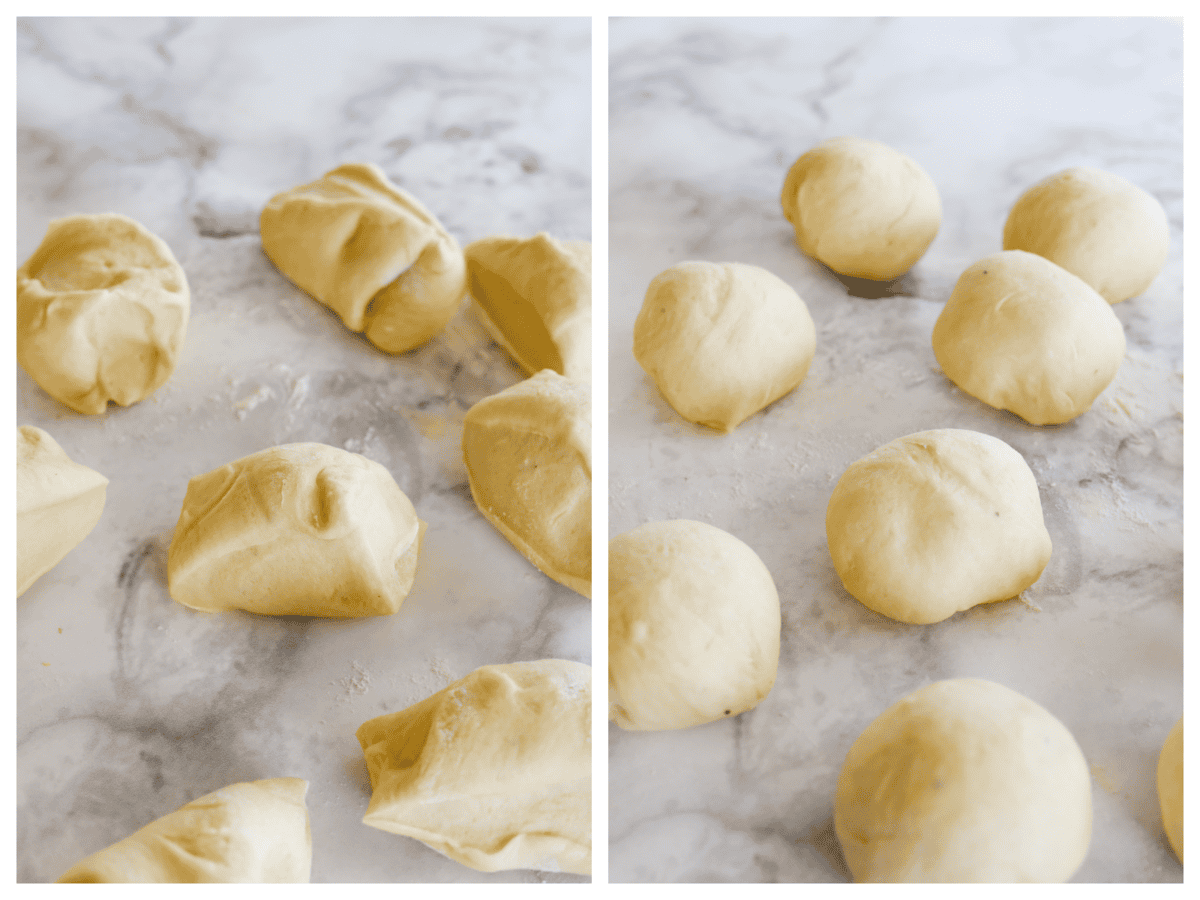 dough cut into pieces and shaped into potato rolls