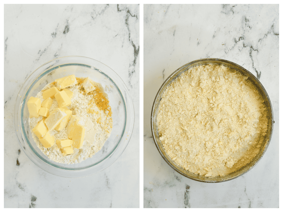 adding batter into springform pan and adding streusel topping