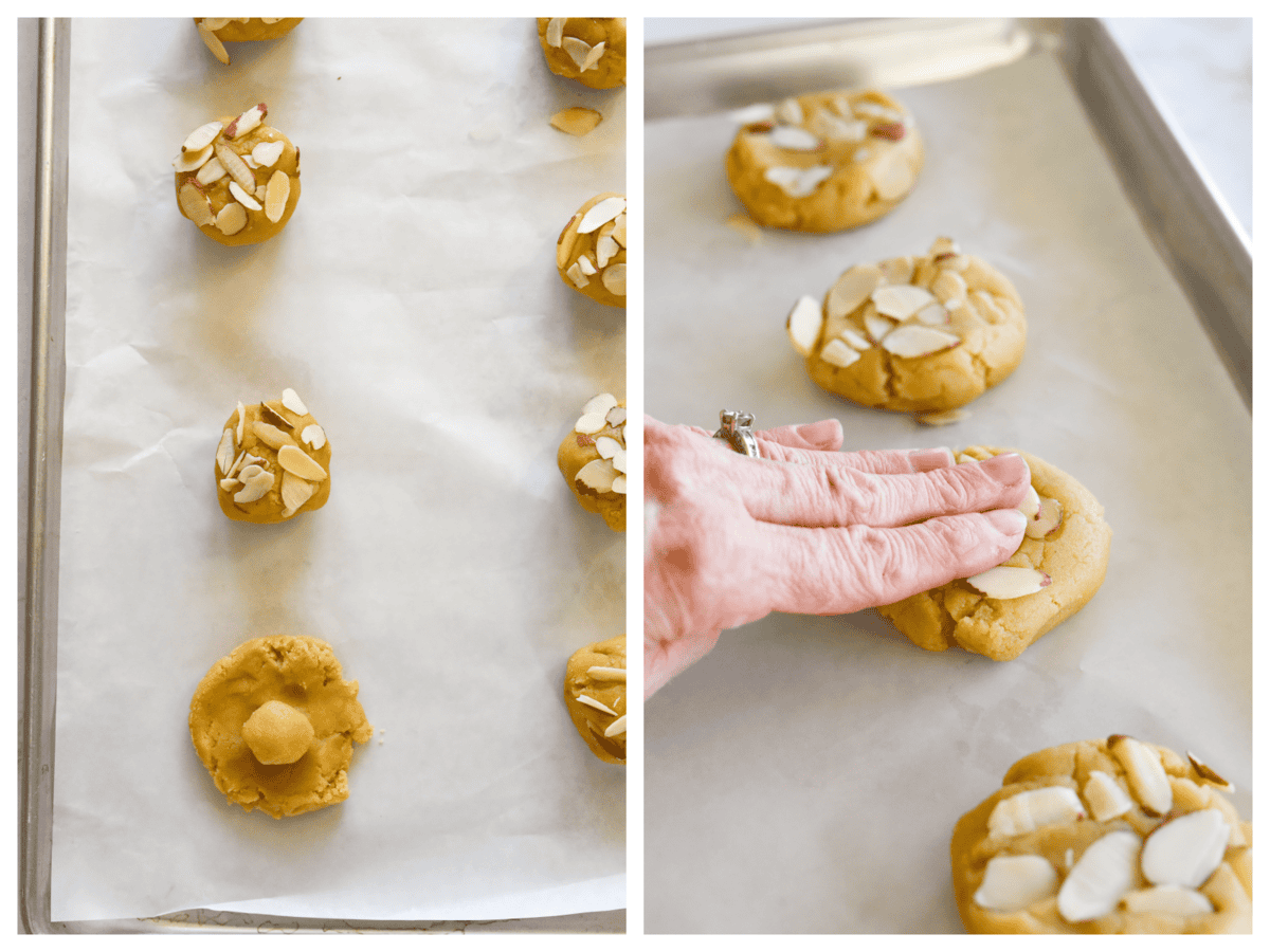 forming almond croissant cookeis and flattening with hand