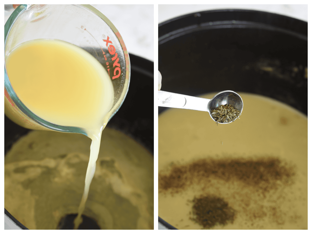 adding chicken broth and seasoning to pan