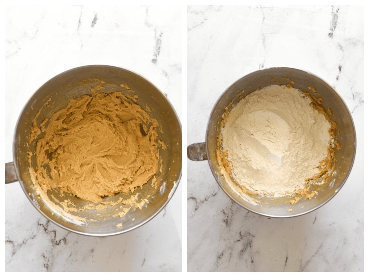 adding flour to cookie dough