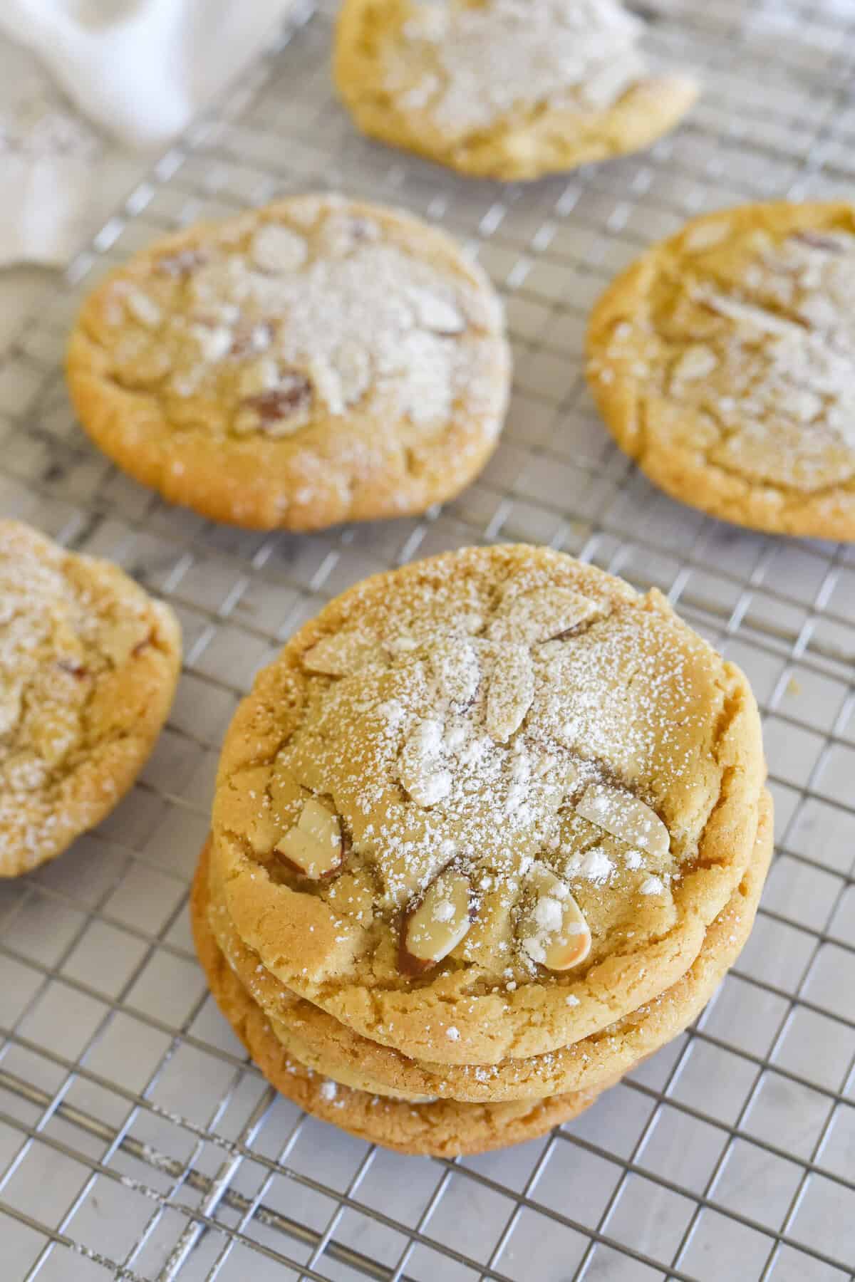 overhead shot of a stack of almond croissant cookies
