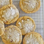 overhead shot of almond croissant cookies on cooling rack