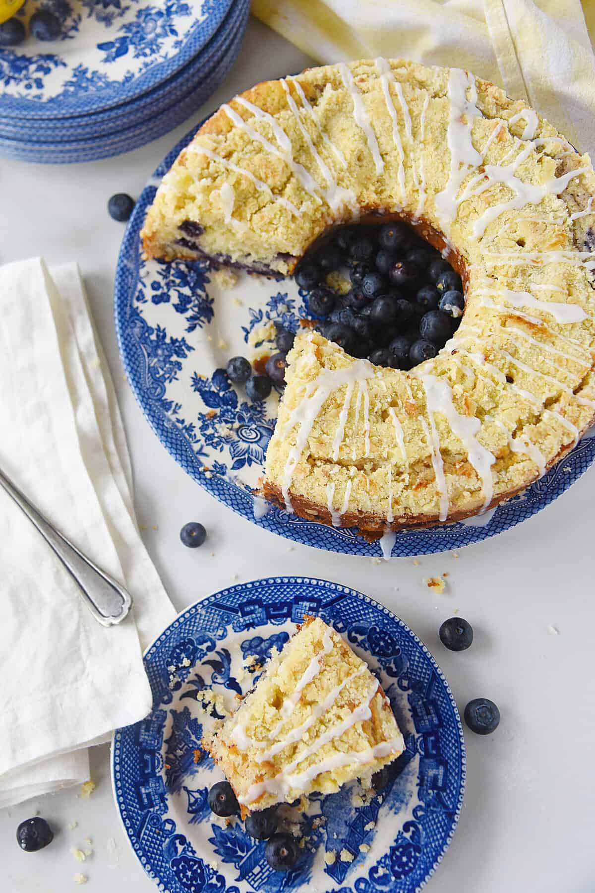 lemon blueberry coffee cake overhead shot of lemon blueberry coffee cake