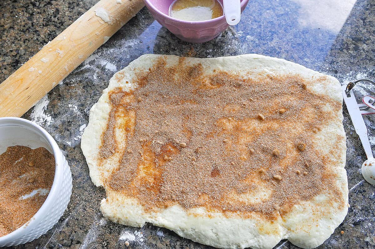 biscuit dough with cinnamon sugar on it