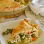 slice of chicken pot pie on a white plate