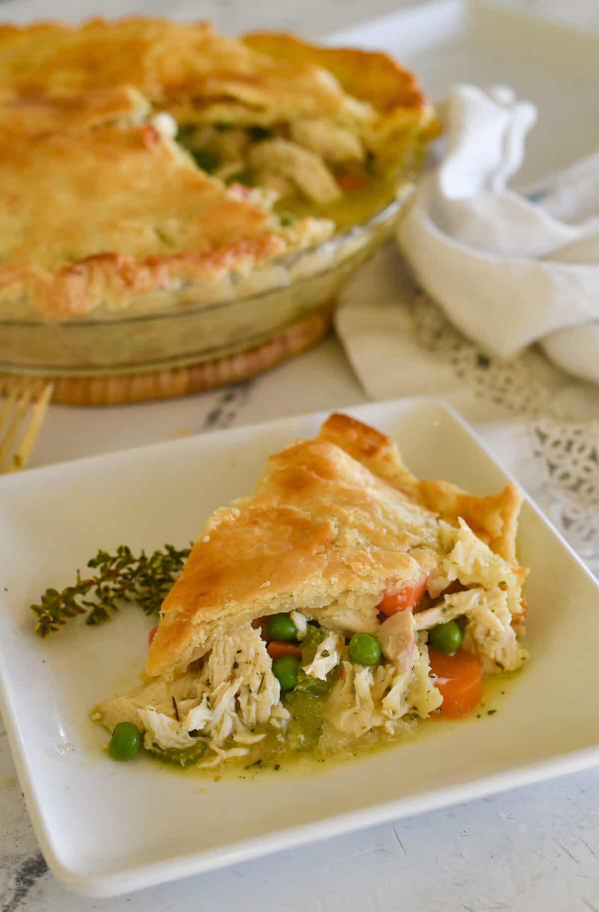 slice of chicken pot pie on a white plate
