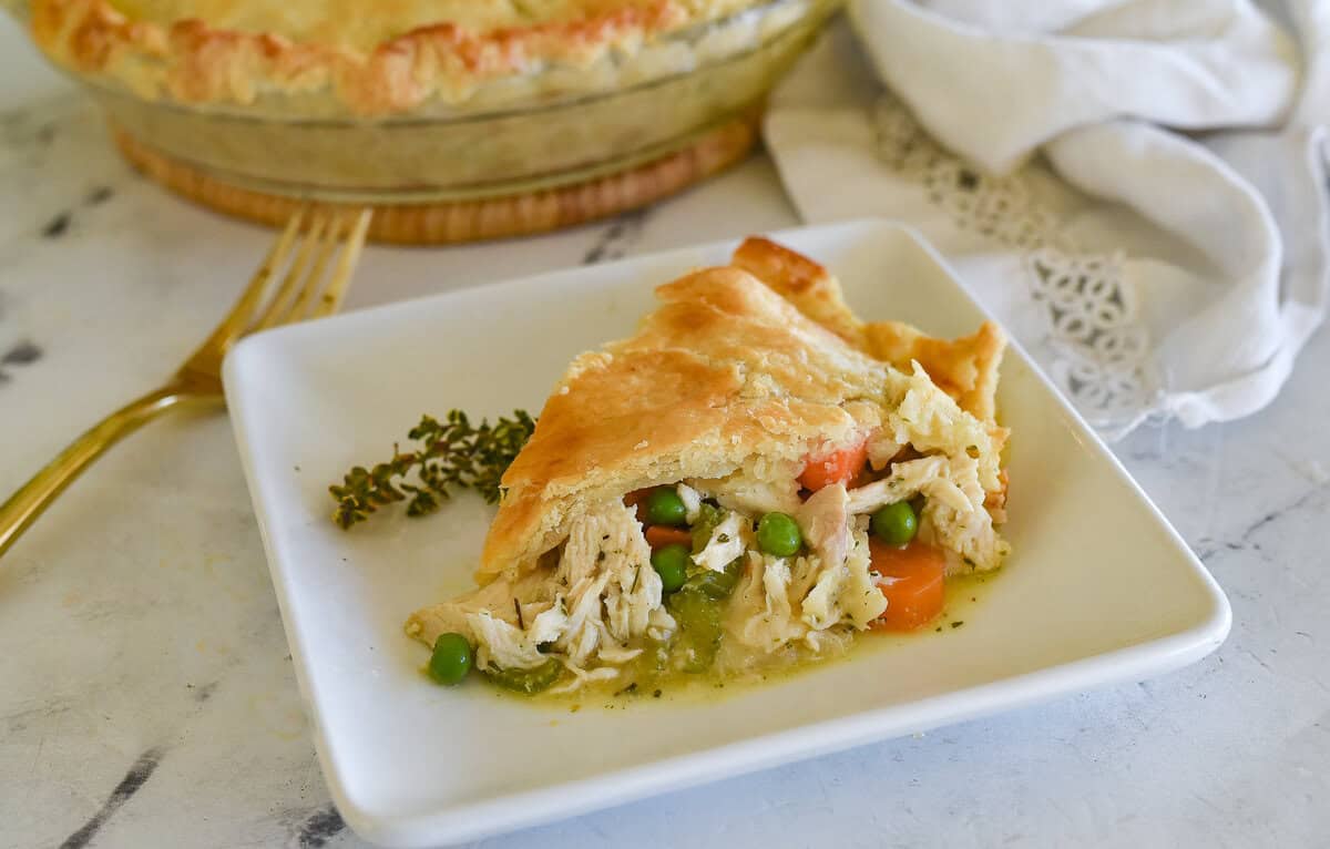 slice of chicken pot pie on a plate