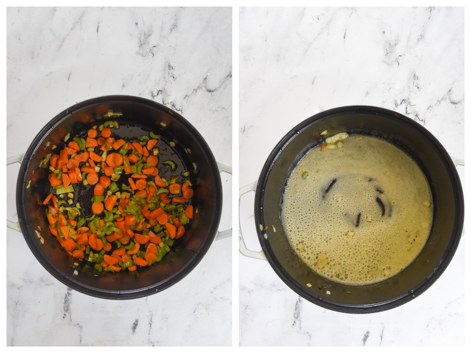 veggies in a pan and roux in a pan