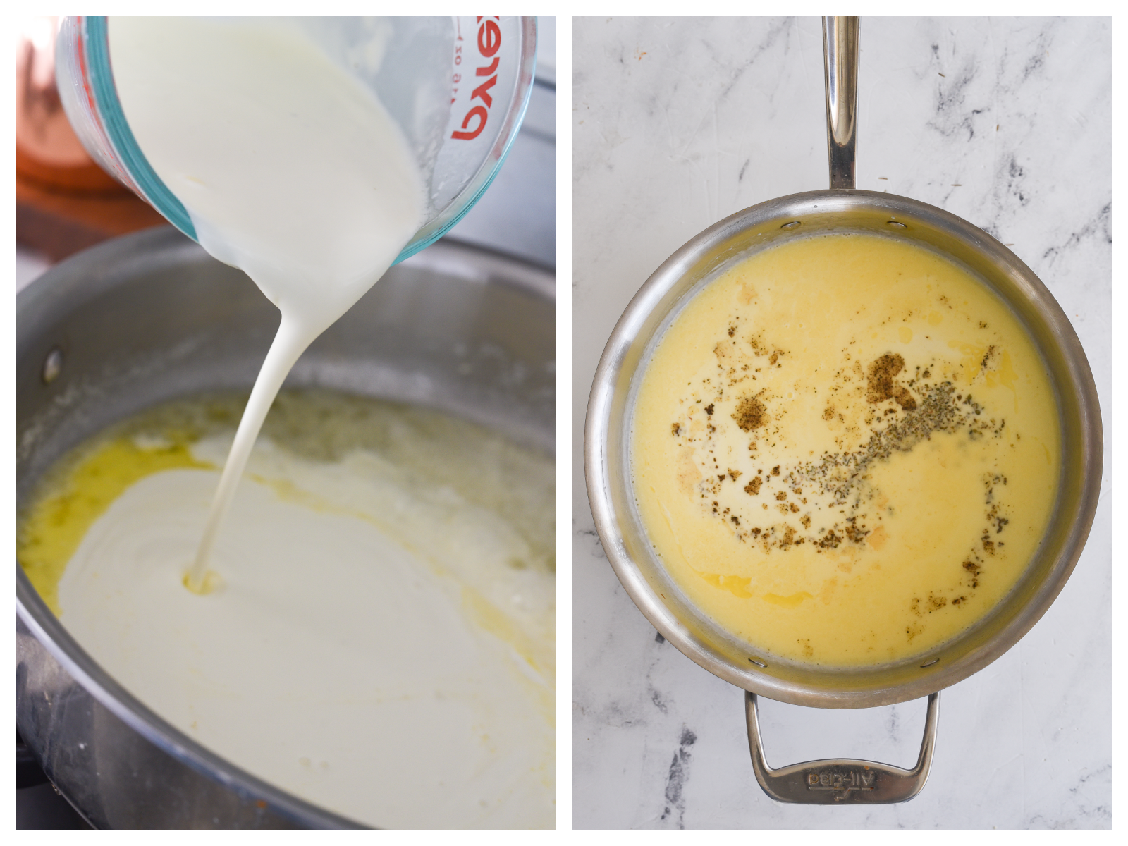 pouring cream and adding seasoning to alfredo sauce
