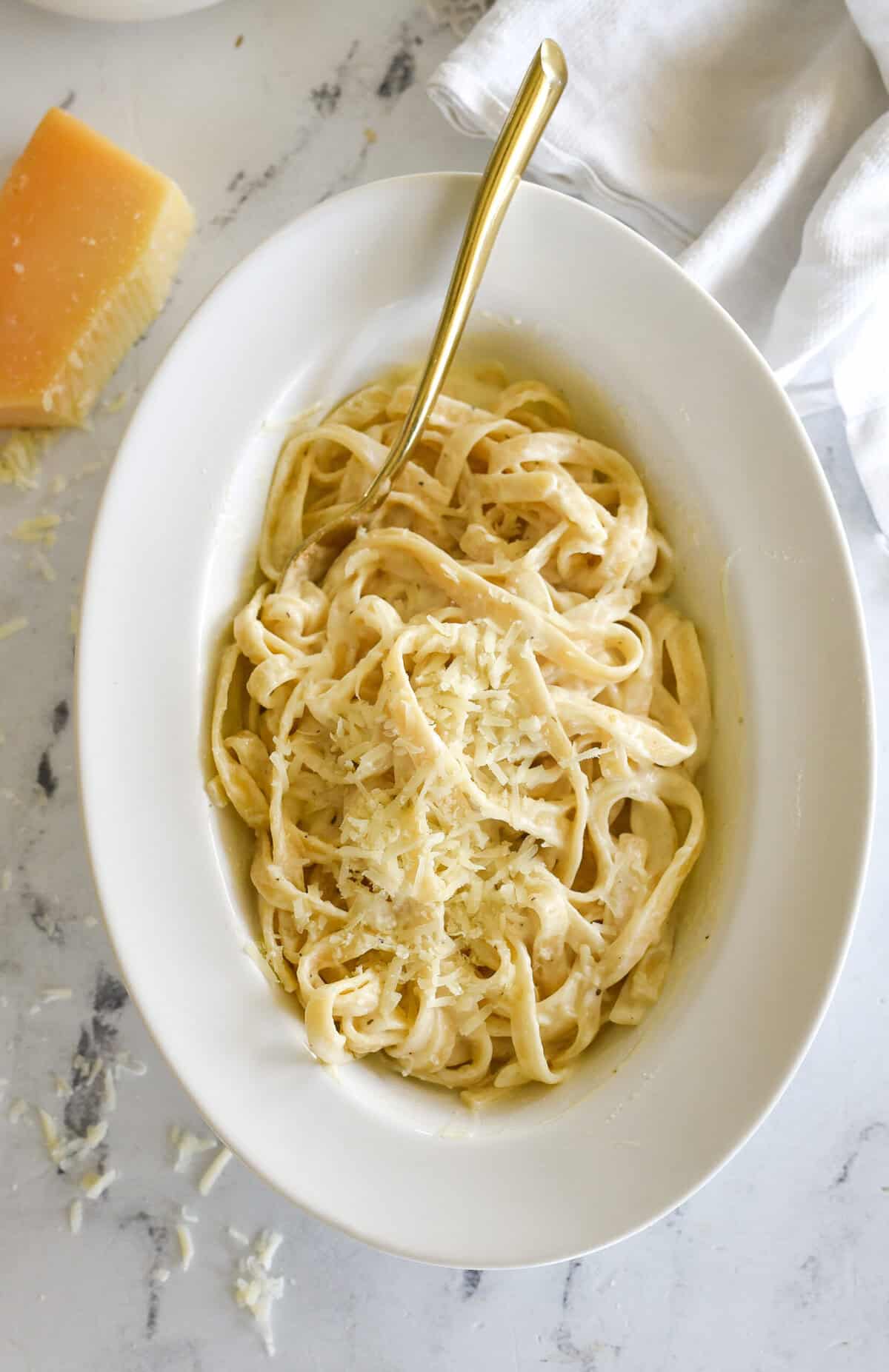 overhead shot of a bowl of alfredo
