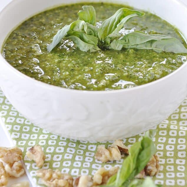 white bowl of basil pesto