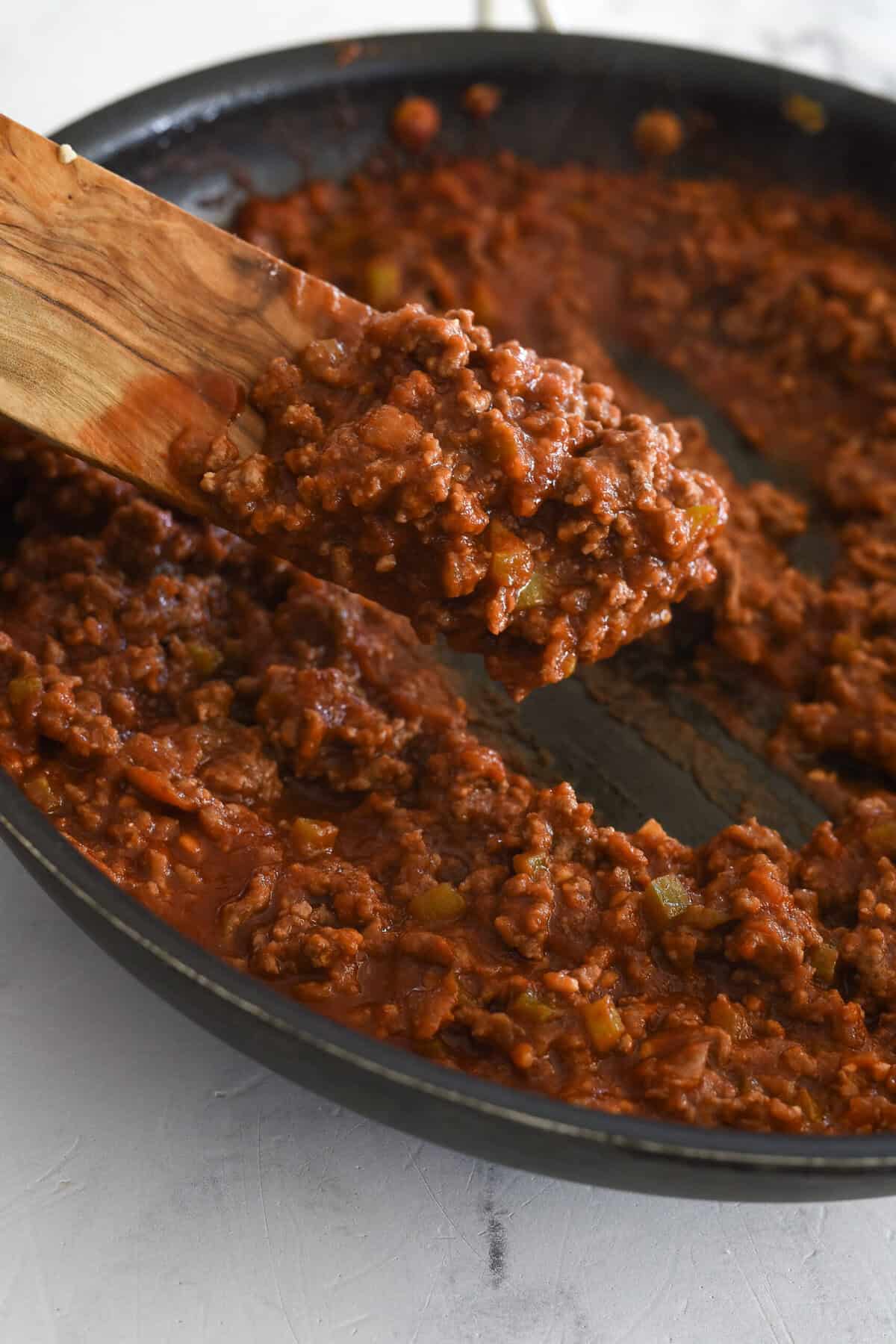 thickened sloppy joes mixture in pan