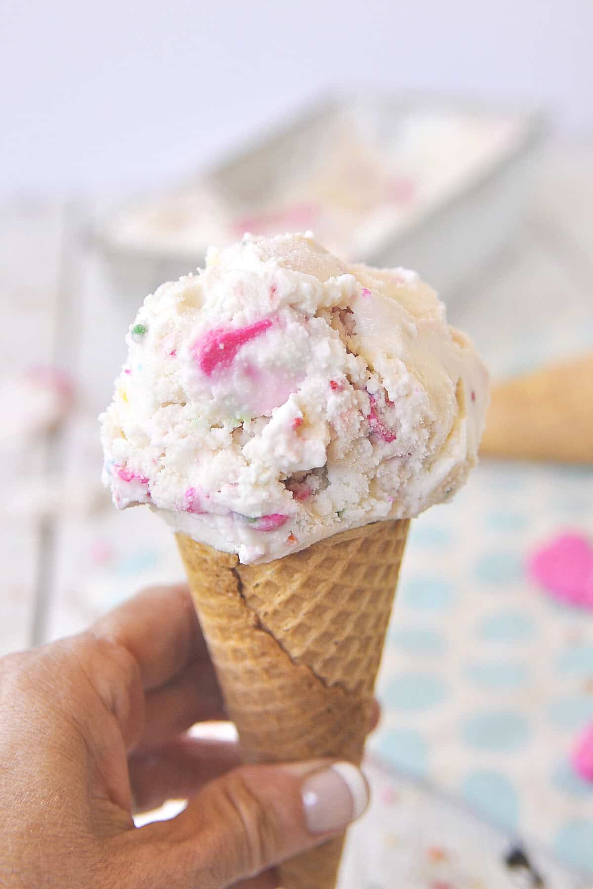 hand holding an ice cream cone of circus animal ice cream