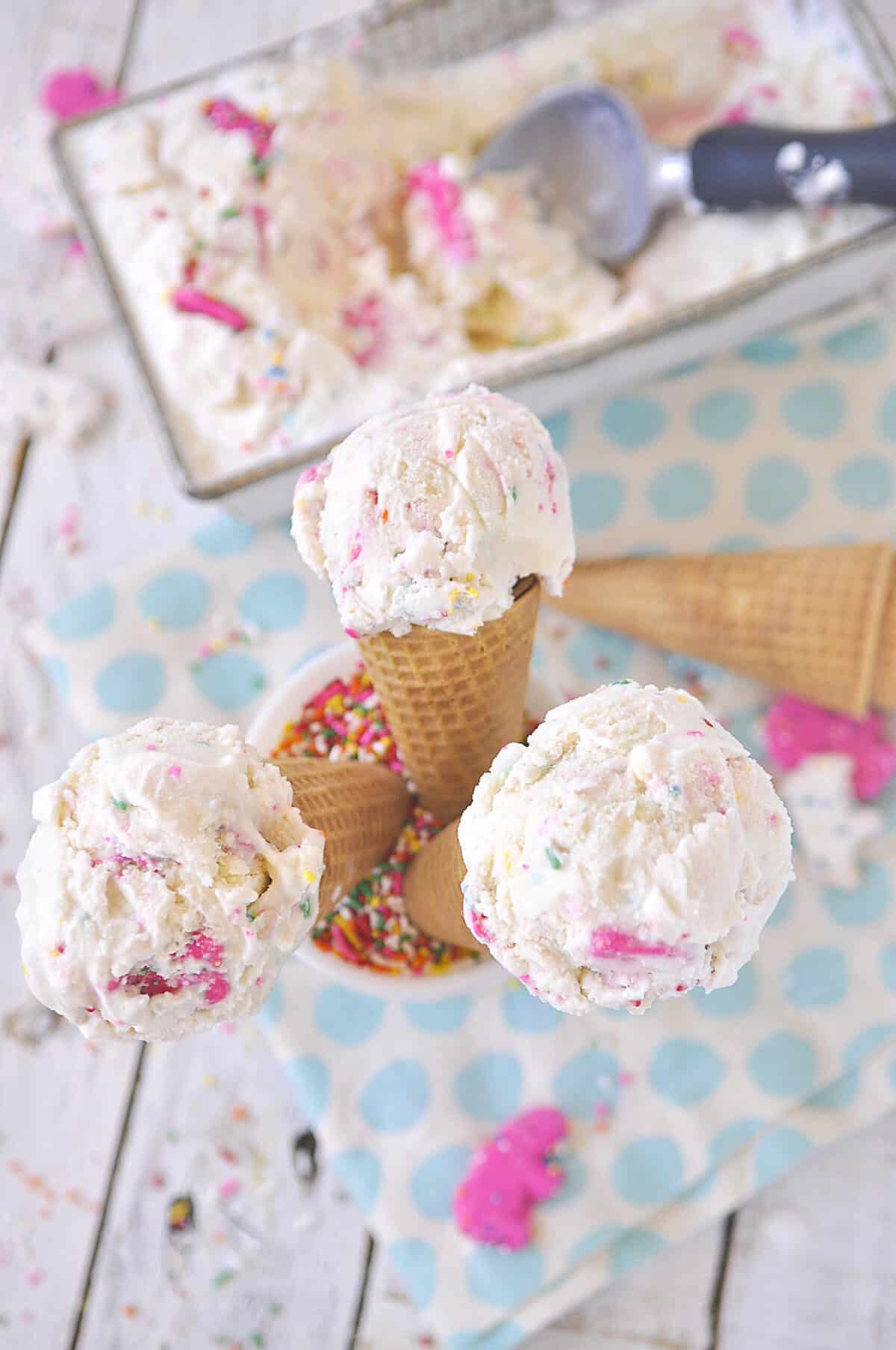 overhead shot of 3 ice cream cones of circus animal ice cream.