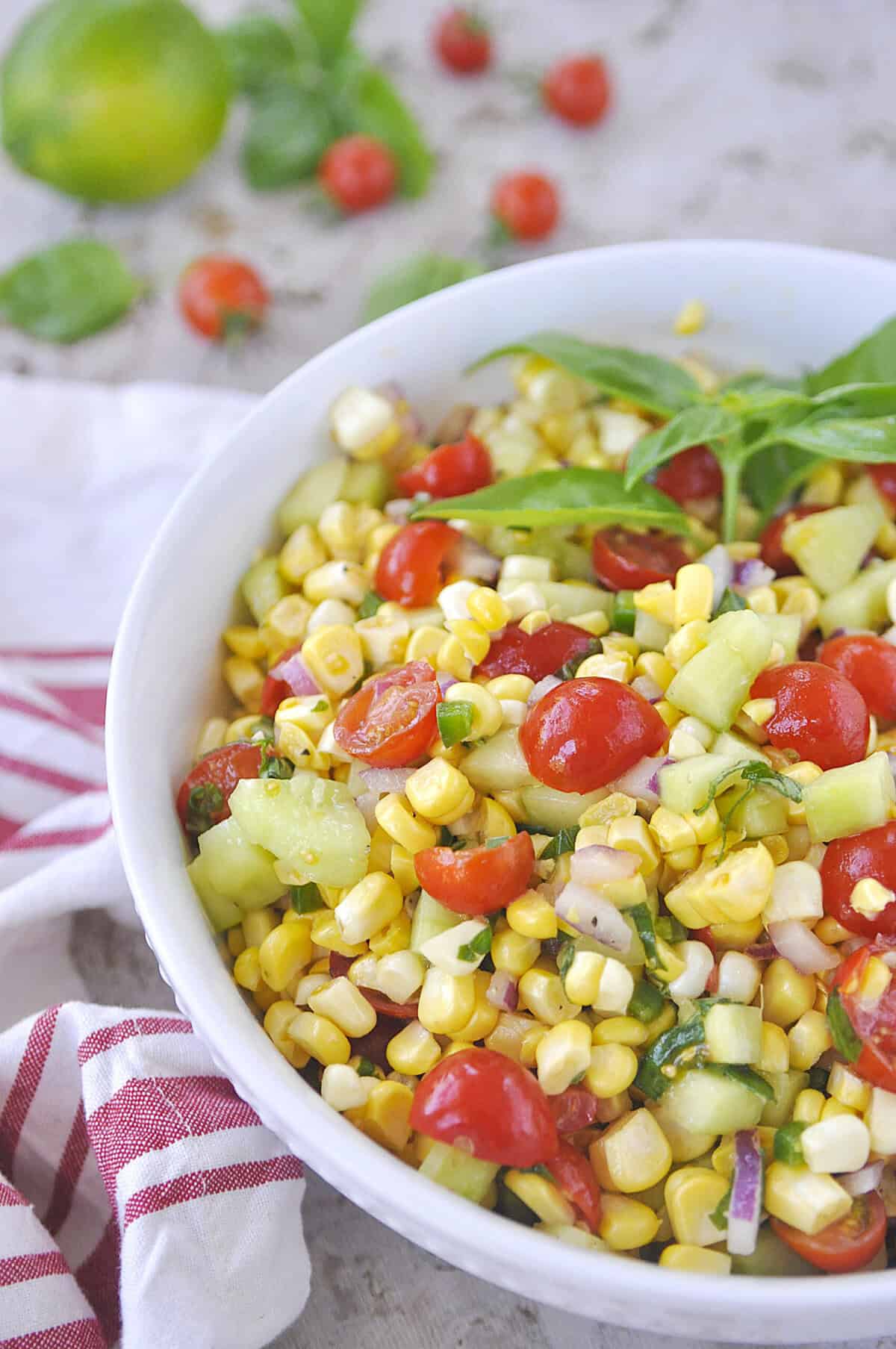 overhead shot of bowl of corn salad
